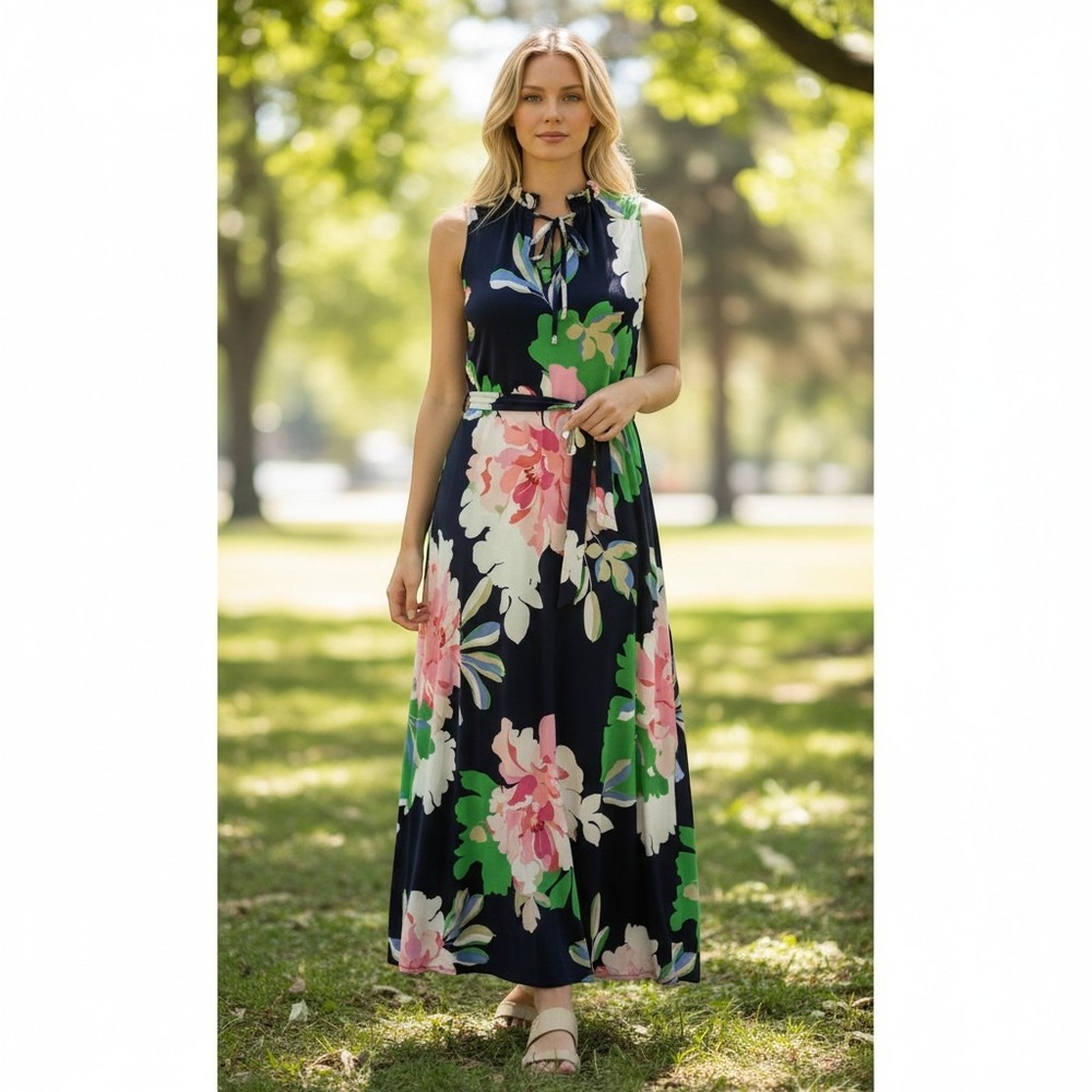 Tommy Hilfiger Maxi Dress Womens 6 Navy Blue‎ Floral Sleeveless Tie Neck